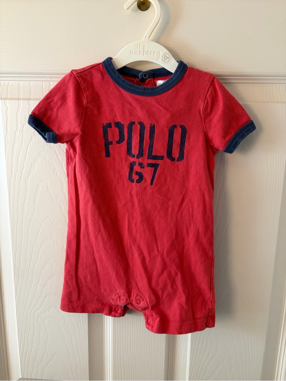 Ralph Lauren Red Short-Sleeve Polo 67 Baby Romper with Navy Trim